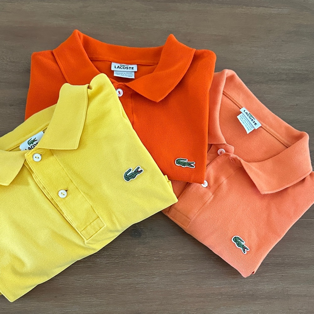 Lacoste men’s  Polo Shirts- lot of threeVibrant Yellow, Bold Orange, Soft Coral